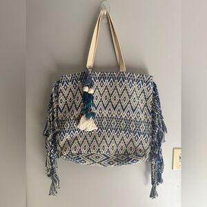 Magid Woven Tassel Button Clasp Double Strap Beach Large Tote Bag Blue Cream